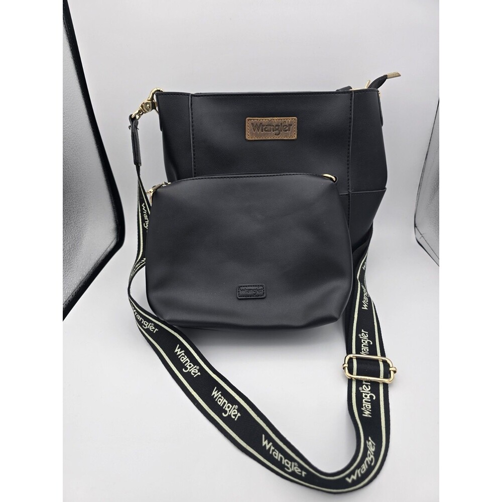 Wrangler Black Faux Leather Crossbody Purse Bucket Bag & Travel Clutch Set